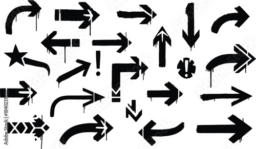 Large collection of black graffiti painted arrows various shapes and directions set on transparent background