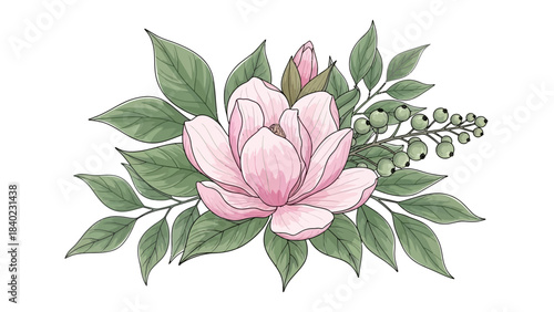 Beautiful watercolor illustration of a pink magnolia flower with a bud, surrounded by lush green leaves and delicate green berries, perfect for elegant designs.