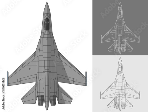 Set Sukhoi SU 35 military aircraft design in blueprint, lineart and colored style from top view. Vector illustrations colorful fourth gen fighter jet. Russia 4.5 generation warplane.