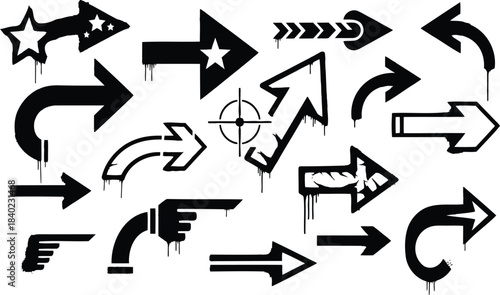 Large collection of urban graffiti arrows vector icons set grunge styled pointers and directional signs with paint drips