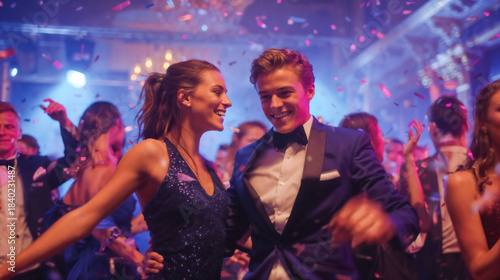 Elegant couple dancing together at glamorous party celebration with confetti falling and crowd enjoying festive atmosphere with colorful lighting
