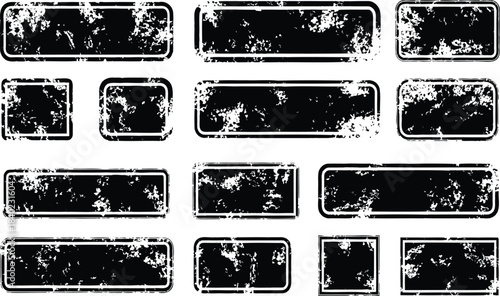 Collection of black grunge rubber stamp frames rectangles and squares with distressed texture on transparent background