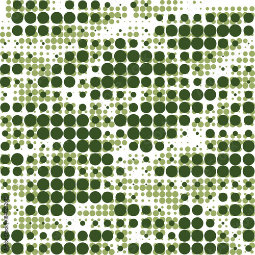 Seamless dotted pattern with green hue dots on white background. Design creates a vibrant, retro-style texture with a dynamic, layered effect. Modern design for wallpapers, textile, wrapping paper.