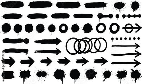 Large vector set of black grunge paint brush strokes arrows circles splatters and dripping ink design elements