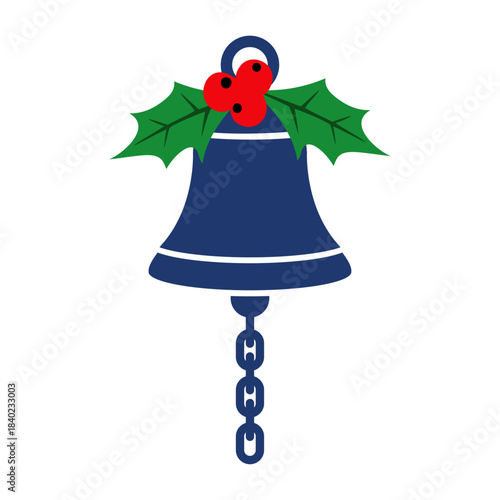 Logo nautical. Silueta de campana de barco con cadena con hojas y bayas de acebo para tarjetas y felicitaciones de Navidad 