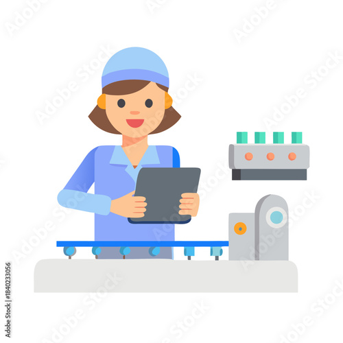 Smiley female worker in sterile clothes using tablet and checking how production line is working.
