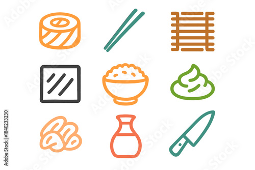 Sushi making tools and ingredients displayed in a simple arrangement on a clean surface