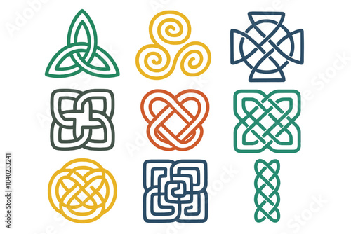 Colorful Celtic knot designs arranged in a grid showcasing intricate patterns and cultural heritage