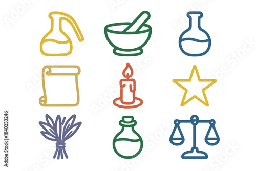 Symbols representing various elements of chemistry and herbal medicine in a colorful layout with a creative design
