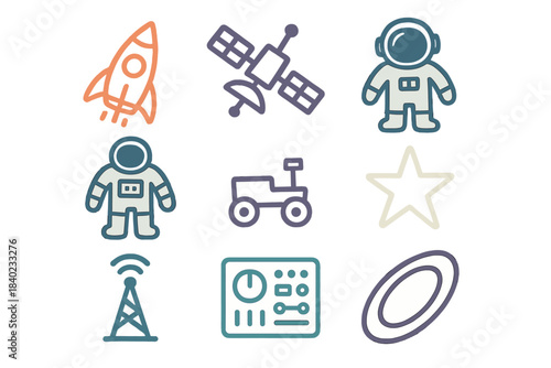 Space exploration icons featuring a rocket, astronaut, satellite, and rover in a colorful design