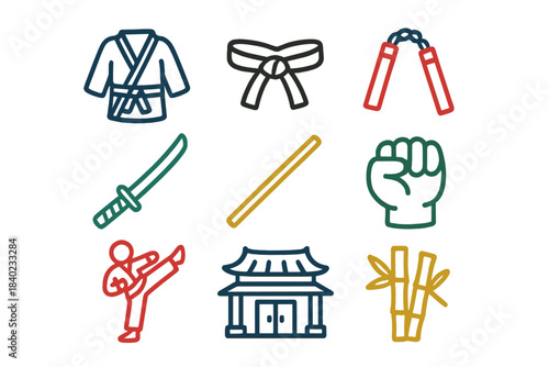 Colorful icons representing martial arts, training gear, and cultural symbols in a simple design for educational purposes