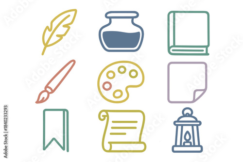 Creative tools for artistic expression featuring a variety of colorful stationery items and art supplies arranged in a grid layout