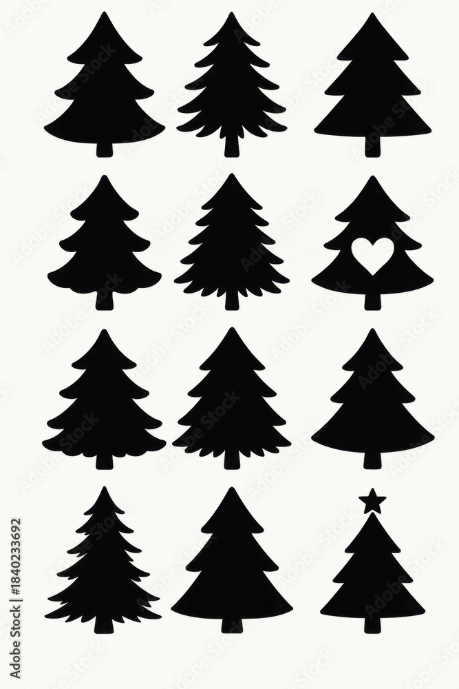 Obraz premium Christmas tree silhouette clipart set. Black Christmas tree drawing clip art collection in white background for xmas season pine tree flat icon decoration vector illustration.