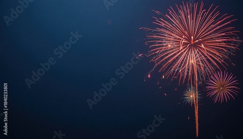 Vibrant fireworks exploding in a dark night sky during a festive celebration, perfect for new year's eve or holiday events