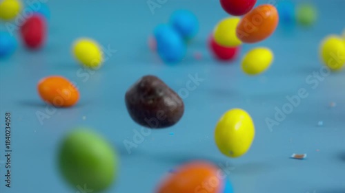 Falling colorful chocolate candies on a pastel background, super slow motion 1000 fps