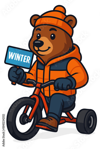 Bear in winter gear riding a tricycle with a sign during a snowy day in a playful setting