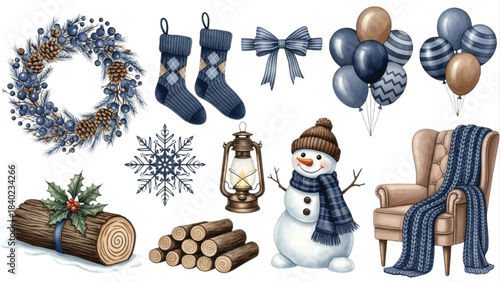 Blue Winter Christmas Decor Clipart Set with Wreath, Stockings, Snowflake, Lantern, Logs, Balloons and Snowman, Watercolor Illustrations