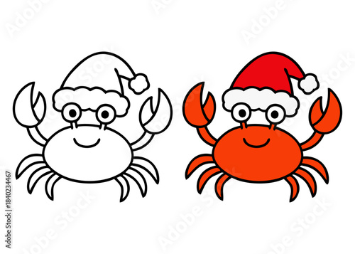 Dibujo sencillo con líneas de cangrejo simpático con sombrero de Santa Claus para tarjetas y felicitaciones de Navidad