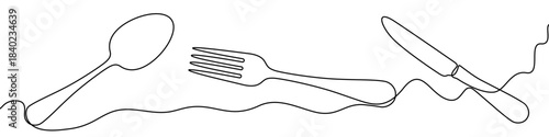 Table set spoon fork and knife in one line art style. Drawing with editable black stroke on white background. Vector illustration.