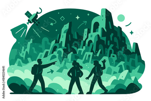 Alien City Explorers. Future ruins. A vast alien city half-buried under crystal dust, illuminated by the light