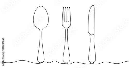 Table set spoon fork and knife in one line art style. Drawing with editable black stroke on white background. Vector illustration.