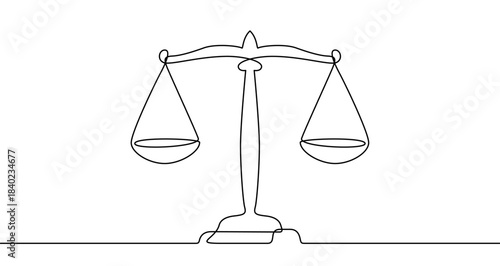 Scales of justice in one line art style. Balance drawing with editable black stroke on white background. Vector illustration.