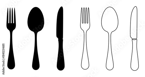 Cutlery icon. Cutlery icons, black silhouette and outline, isolated on white background. Vector illustration.