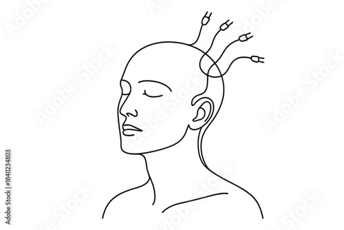 Techno Meditation Art. Techno meditation. Minimalistic one-line drawing a human head connected to neural