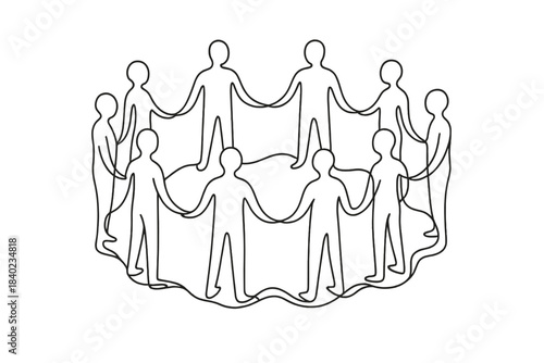 Collective Synchronization Art. Collective synchronization. Minimalistic one-line drawing people standing in a