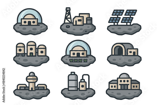 Asteroid Colony Icons. Flat icon set of Asteroid colonies: dome habitat, mining village, solar farm, habitat