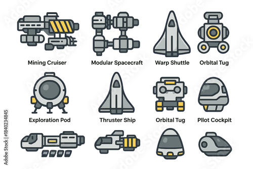 Futuristic Spacecraft Icons. Flat icon set of Future spacecraft: mining cruiser, modular spacecraft, warp