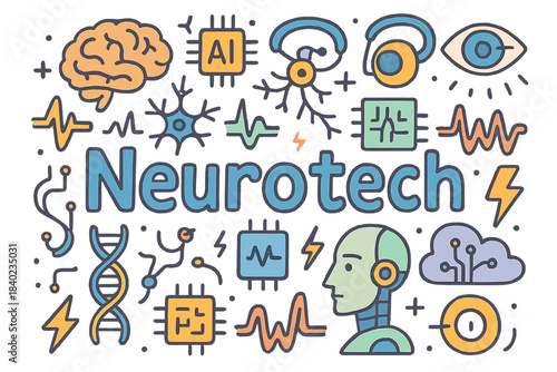 Neurotech Doodle Illustration. Neurotech. Hand-drawn doodle illustration of Neurotech. Brain, neuron network,