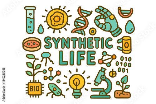 Synthetic Life Doodles. Synthetic Life. Hand-drawn doodle illustration of Synthetic Life. Test tube, glowing