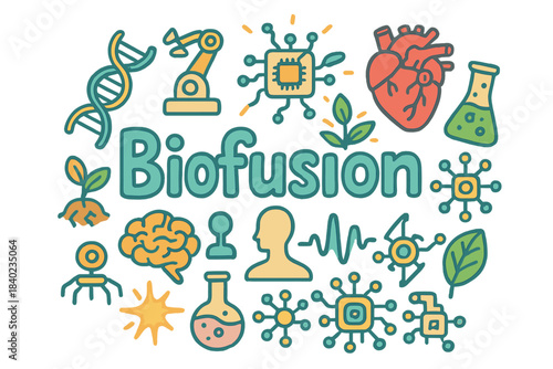 Biofusion Doodle Illustration. Biofusion. Hand-drawn doodle illustration of Biofusion. DNA strand, robotic arm