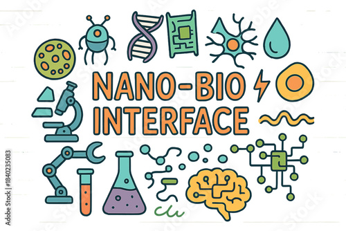 Nano-Bio Interface Art. Nano-Bio Interface. Hand-drawn doodle illustration of Nano-Bio Interface. Nanobot, DNA