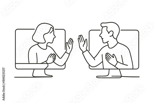 Virtual Connection Artistry. Digital connection. Minimalistic one-line drawing two people communicating