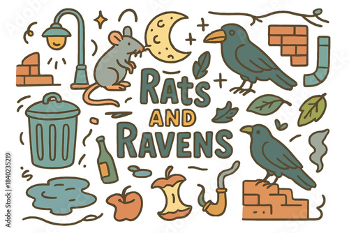 Rats and Ravens Doodle. Rats and Ravens. Hand-drawn doodle illustration of Rats and Ravens. Rat, raven, trash
