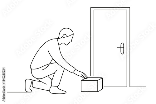 Minimal Care Gesture. Acts of care. Minimalistic one-line drawing a person leaving a small package at