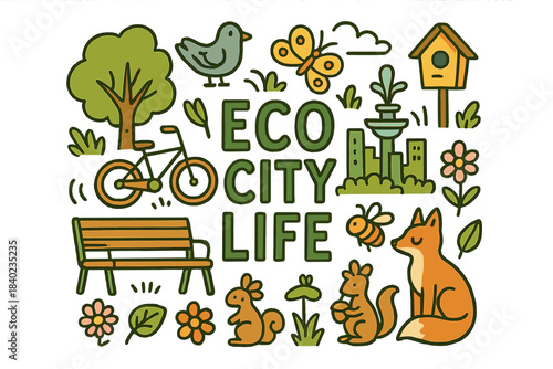 Eco City Living. Eco City Life. Hand-drawn doodle illustration of Eco City Life. Tree, bicycle, pigeon,