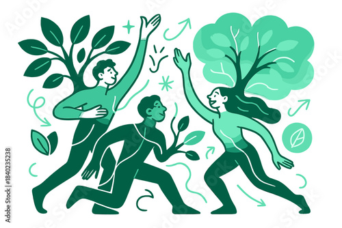 Human-Nature Harmony. Human–nature symbiosis. People and trees merge in flowing forms — arms transforming into