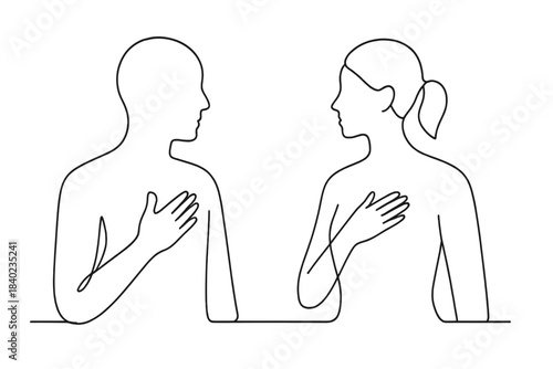 Minimalist Heart Gesture. Touch-free gestures. Minimalistic one-line drawing two figures placing hands on