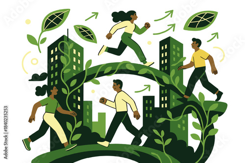 Green Urban Harmony. Urban balance. Skyscrapers covered in vines glow softly as people walk on bridges of