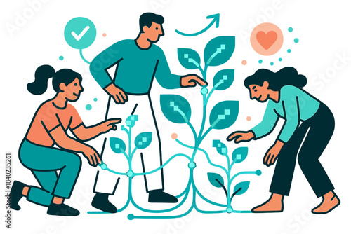 Digital Garden Harmony. Techno-garden. Humans tending digital flora — glowing data stems and pixelated leaves