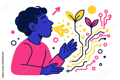 Digital Breath Life. Breathing technology. A person exhales glowing particles that merge into sprouting plants