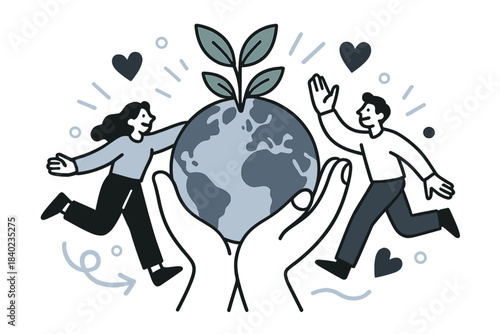 Planetary Embrace. Planetary embrace. A giant pair of human hands cradles a glowing Earth sprouting greenery.