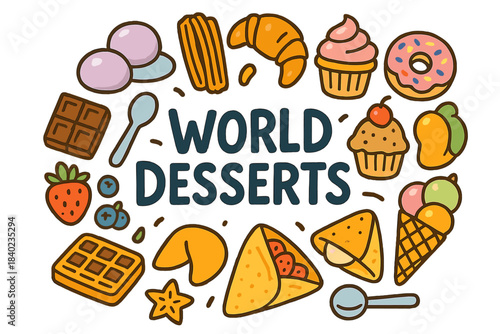 World Desserts Doodle. World Desserts. Hand-drawn doodle illustration of World Desserts. Mochi, churros,