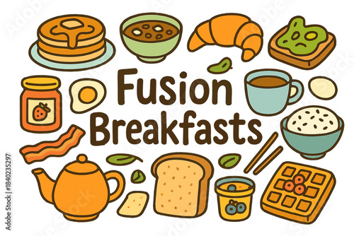 Colorful Fusion Breakfast Doodles. Fusion Breakfasts. Hand-drawn doodle illustration of Fusion Breakfasts.