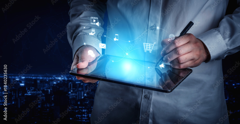Fototapeta premium Omnichannel marketing journey showing interaction across media, email, messaging, mobile, ecommerce, and search to enhance customer experience and engagement Vouch