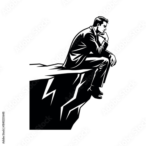 Stylized black and white illustration of a businessman sitting on a jagged cliff isolated on white background