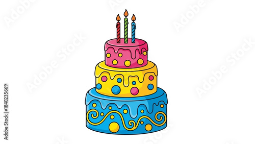 Celebration tiered cake with candles, decorated with swirls and dots, perfect for birthdays and parties